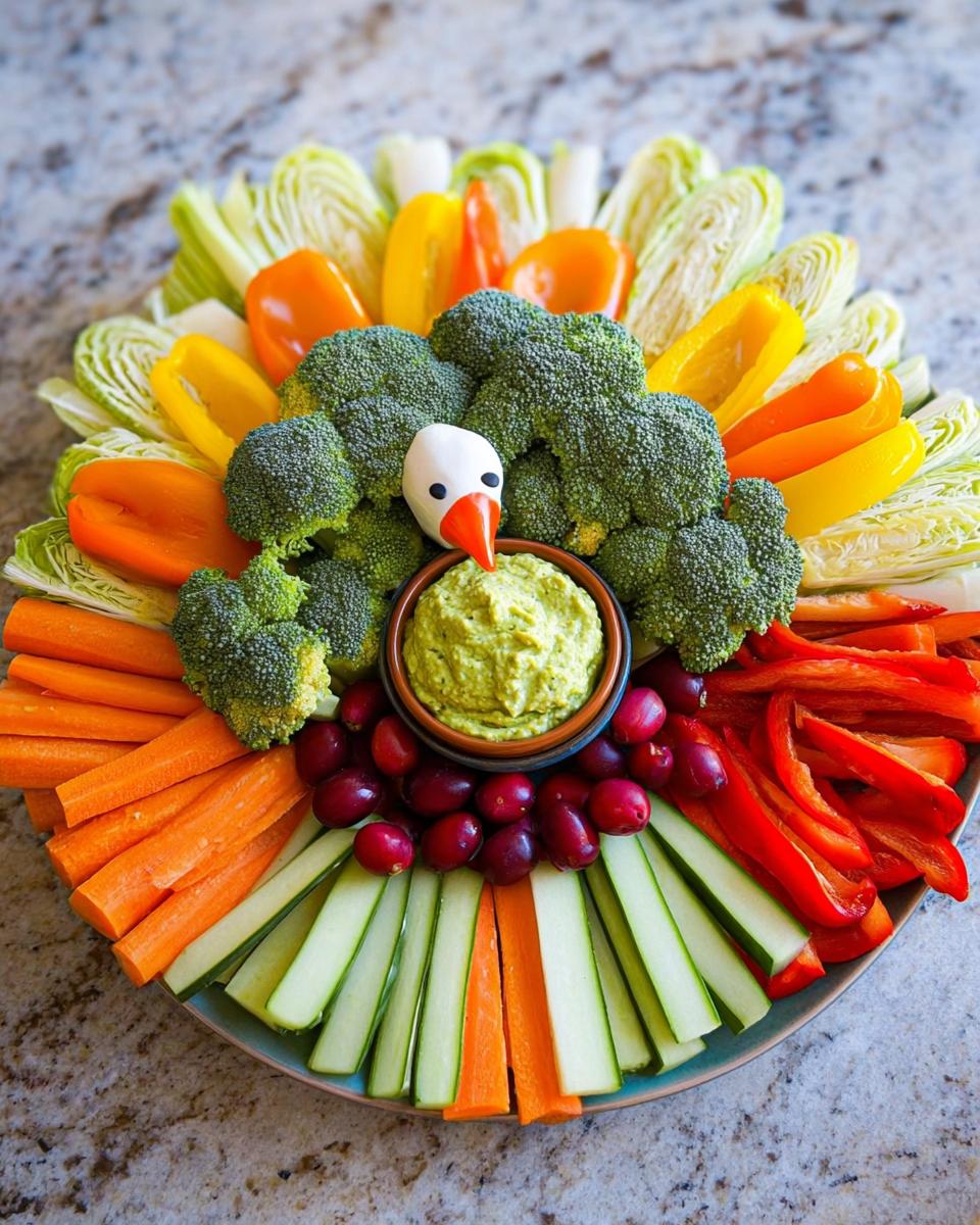 A festive Thanksgiving Veggie Tray arranged in the shape of a turkey, featuring various colorful vegetables and dip.