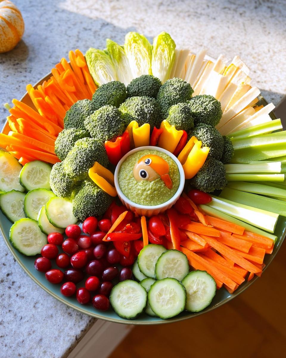 A Thanksgiving Veggie Tray arranged in the shape of a turkey, featuring various colorful vegetables and a dip.