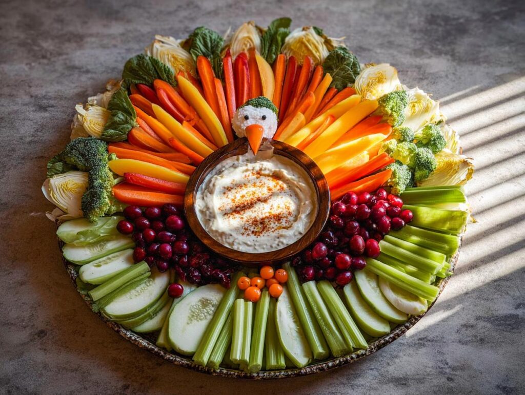 A festive Thanksgiving veggie tray arranged to look like a turkey, featuring colorful vegetables and a bowl of dip.
