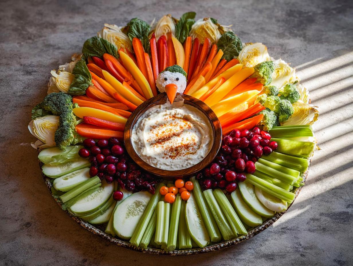 A festive Thanksgiving veggie tray arranged to look like a turkey, featuring colorful vegetables and a bowl of dip.