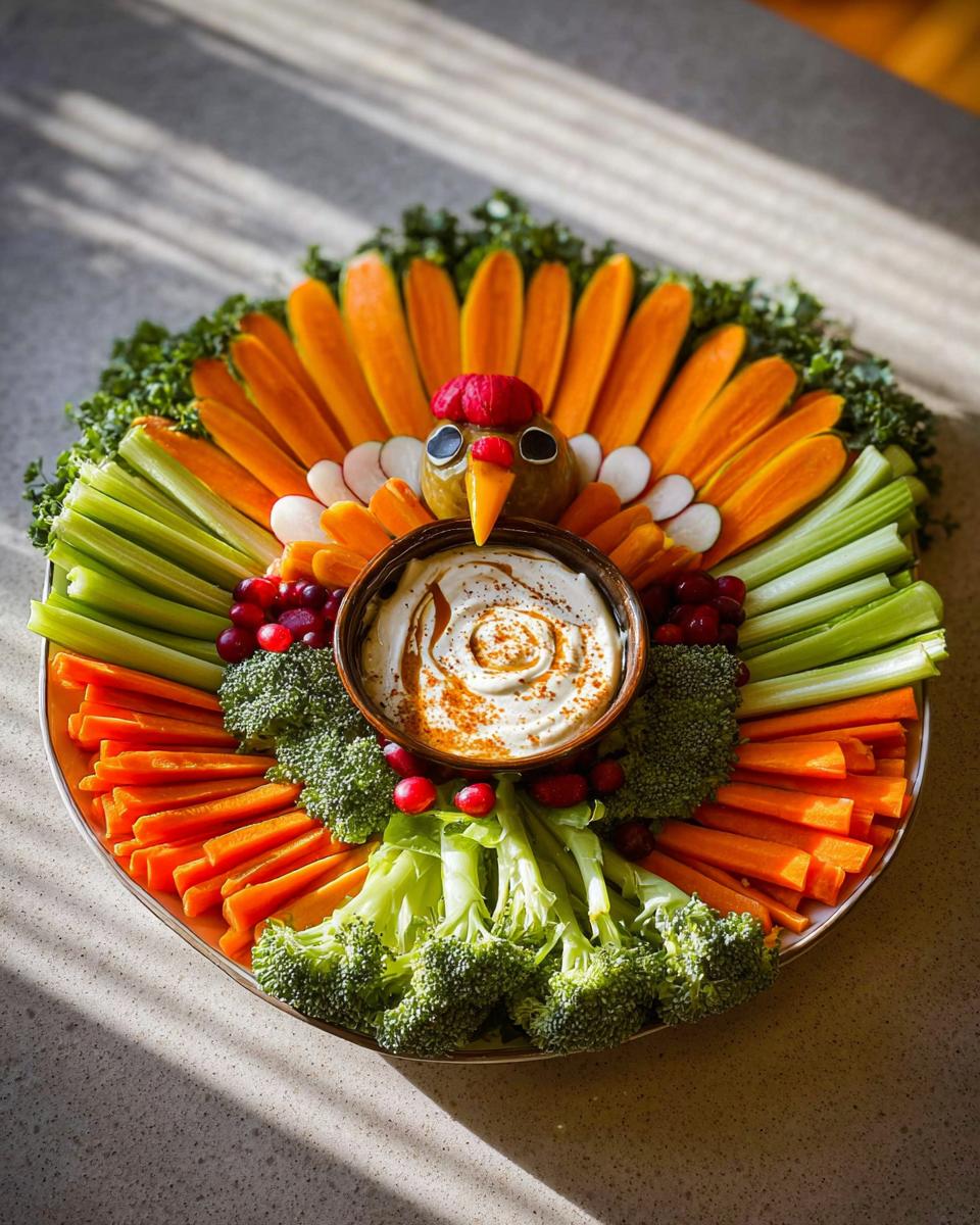 A festive Thanksgiving veggie tray arranged in the shape of a turkey, featuring carrots, celery, broccoli, and a dip.