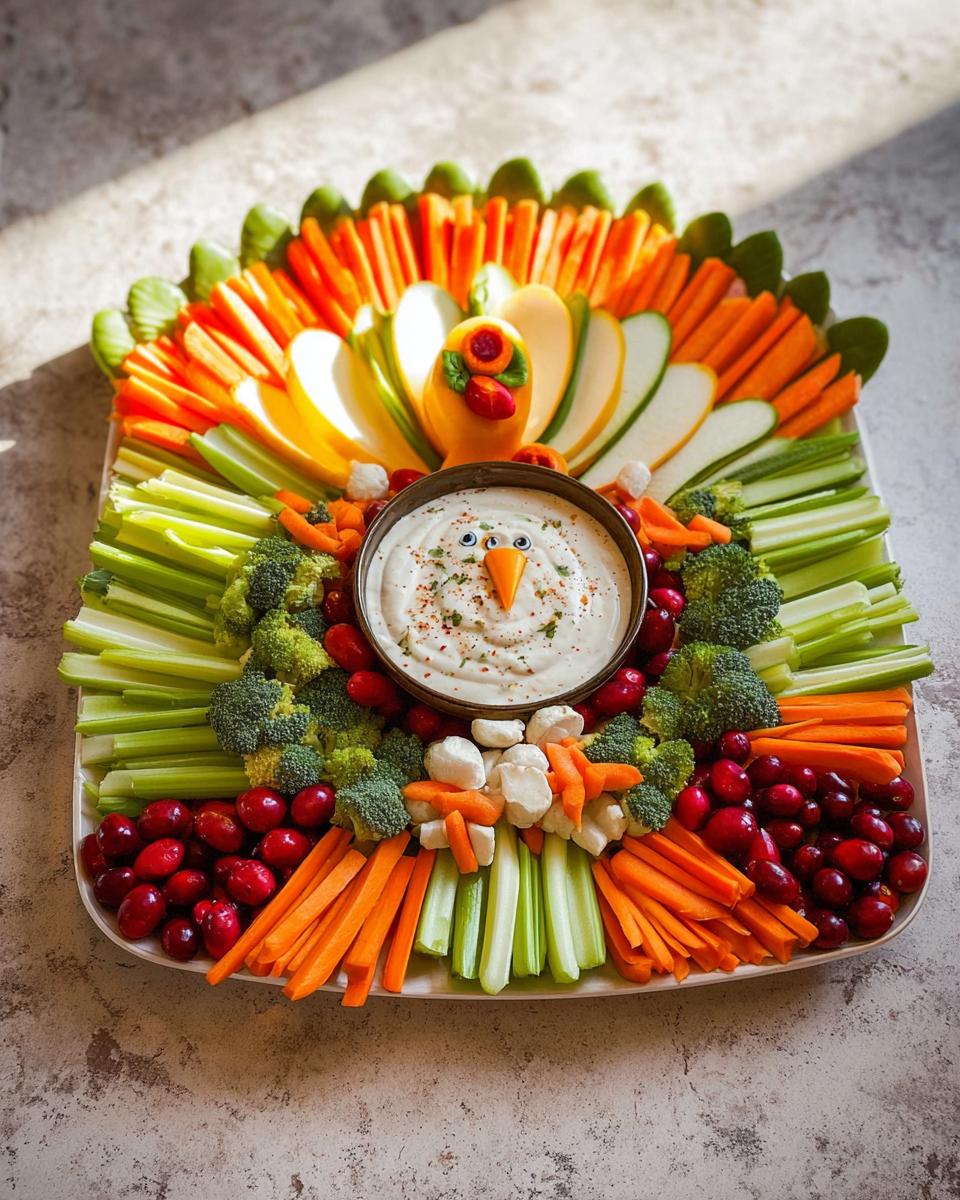 A festive Thanksgiving veggie tray arranged in the shape of a turkey, featuring various colorful vegetables and a dip.