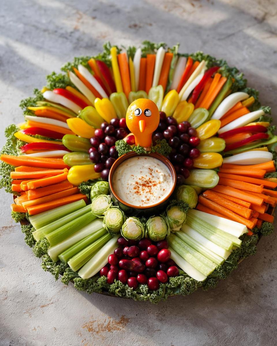 A festive Thanksgiving veggie tray arranged in the shape of a turkey, featuring colorful vegetable sticks and dip.