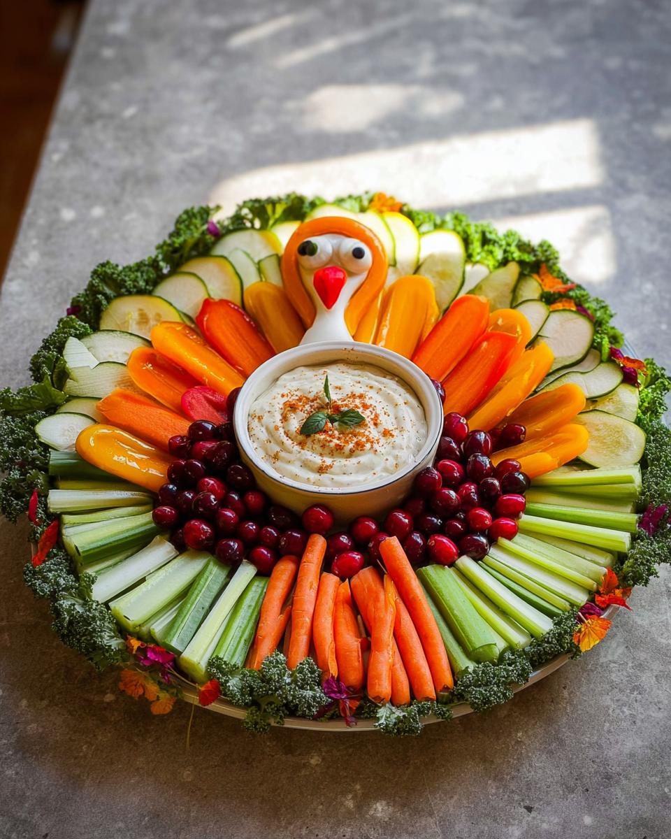 A creative Thanksgiving veggie tray arranged in the shape of a turkey, featuring various colorful vegetables and a bowl of dip.