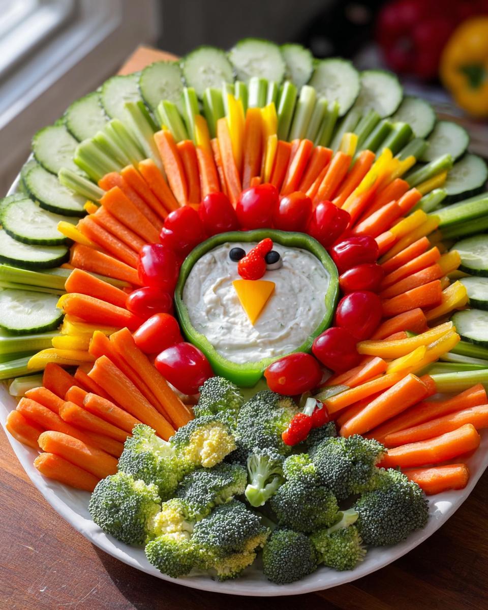A festive Thanksgiving veggie tray arranged to look like a turkey, featuring a variety of colorful vegetables and dip.