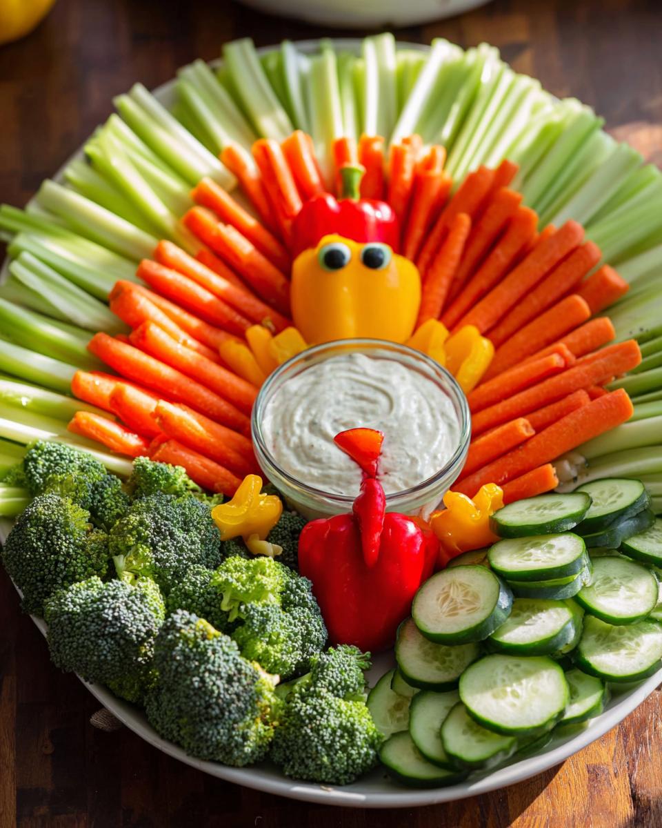 A fun Thanksgiving veggie tray at home, shaped like a turkey with carrots, celery, broccoli, cucumbers, and bell peppers, served with dip.