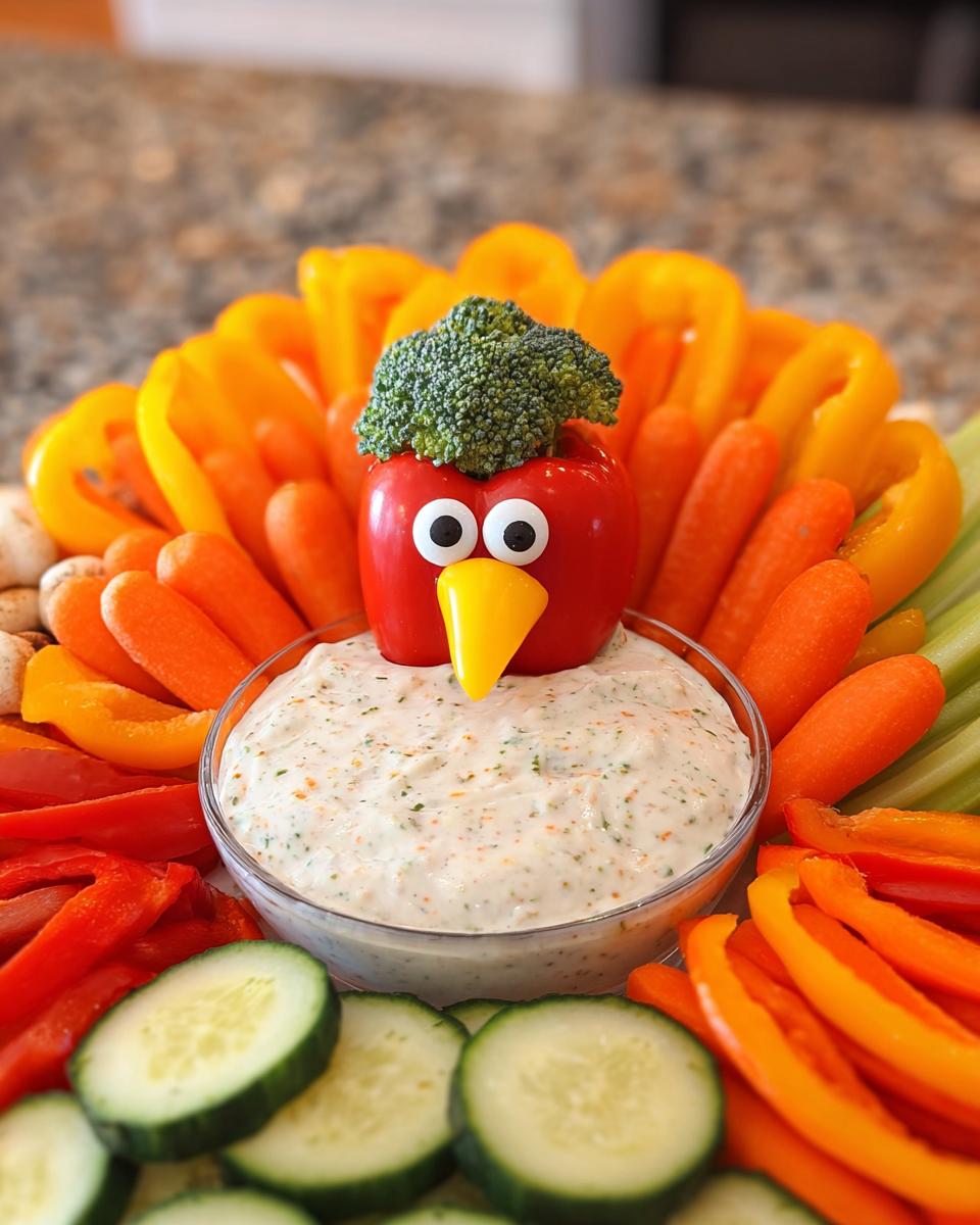 A fun Thanksgiving veggie tray recipe shaped like a turkey, featuring colorful bell peppers, carrots, broccoli, and dip.