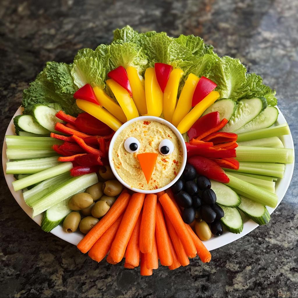 A fun Thanksgiving Veggie Tray shaped like a turkey, featuring hummus as the face and colorful vegetables for feathers.