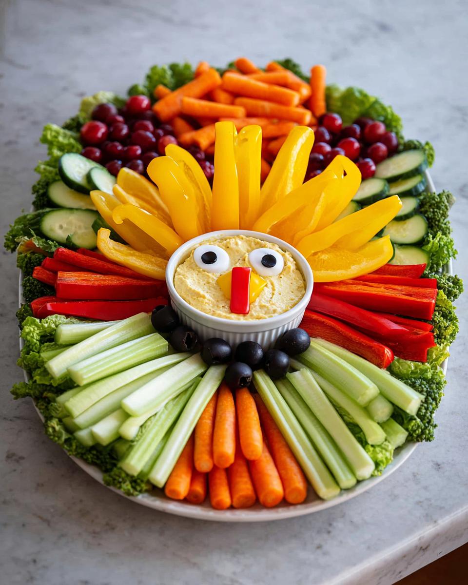 A festive Thanksgiving veggie tray arranged in the shape of a turkey, featuring hummus as the face and colorful vegetable sticks for feathers.