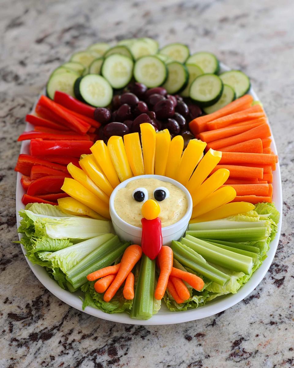 A fun Thanksgiving Veggie Tray shaped like a turkey, featuring various colorful vegetables and dip.