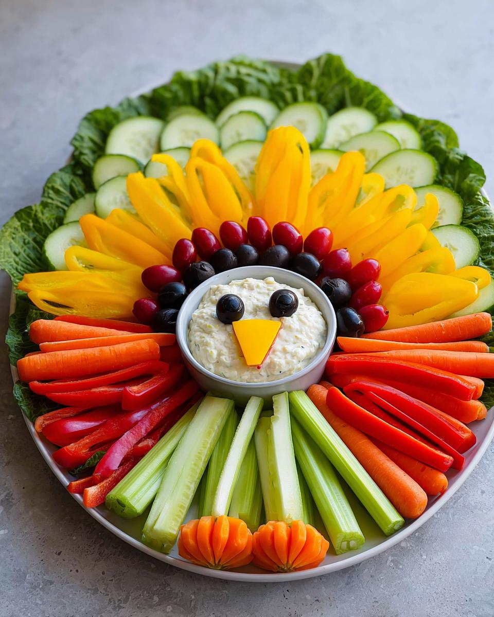 A festive Thanksgiving veggie tray arranged in the shape of a turkey, featuring a variety of colorful vegetables and dip.
