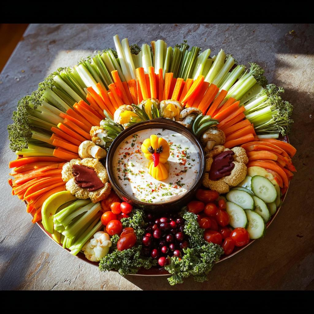 A colorful Thanksgiving veggie tray arranged in a circle with a turkey-shaped dip in the center. Features carrots, celery, cucumbers, and more.