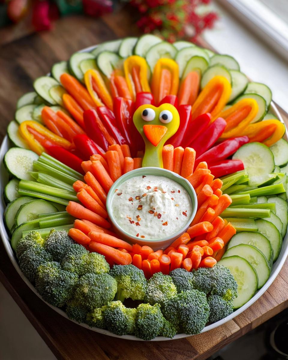 A festive Thanksgiving veggie tray arranged in the shape of a turkey, featuring various colorful vegetables and dip.