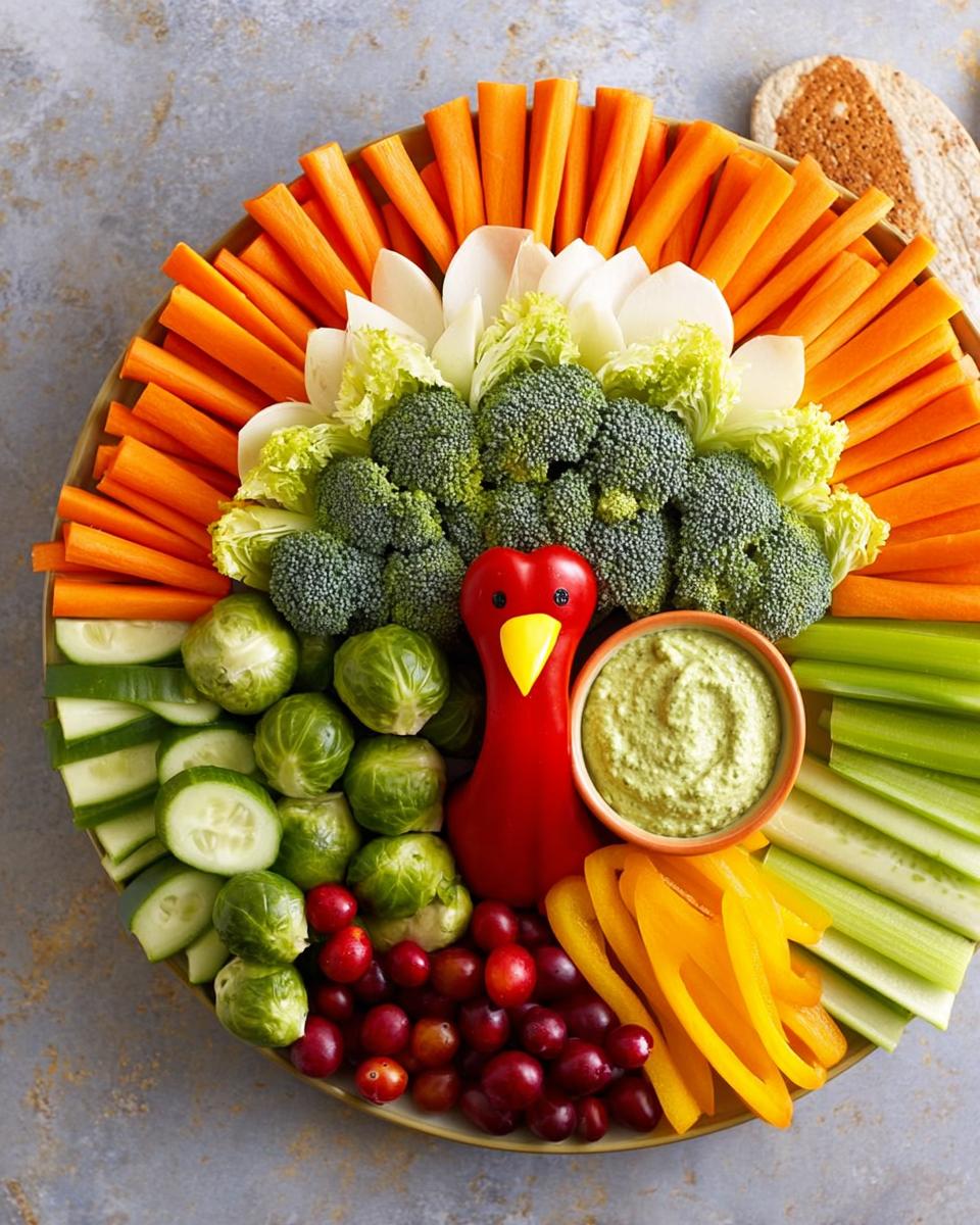 A festive Thanksgiving veggie tray arranged in the shape of a turkey, featuring carrots, broccoli, Brussels sprouts, cucumbers, and a red pepper turkey.