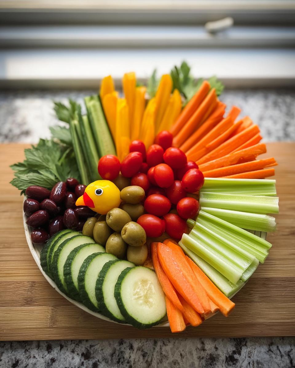 A colorful Thanksgiving Veggie Tray arranged with carrots, celery, cucumbers, tomatoes, olives, and a cute turkey decoration.