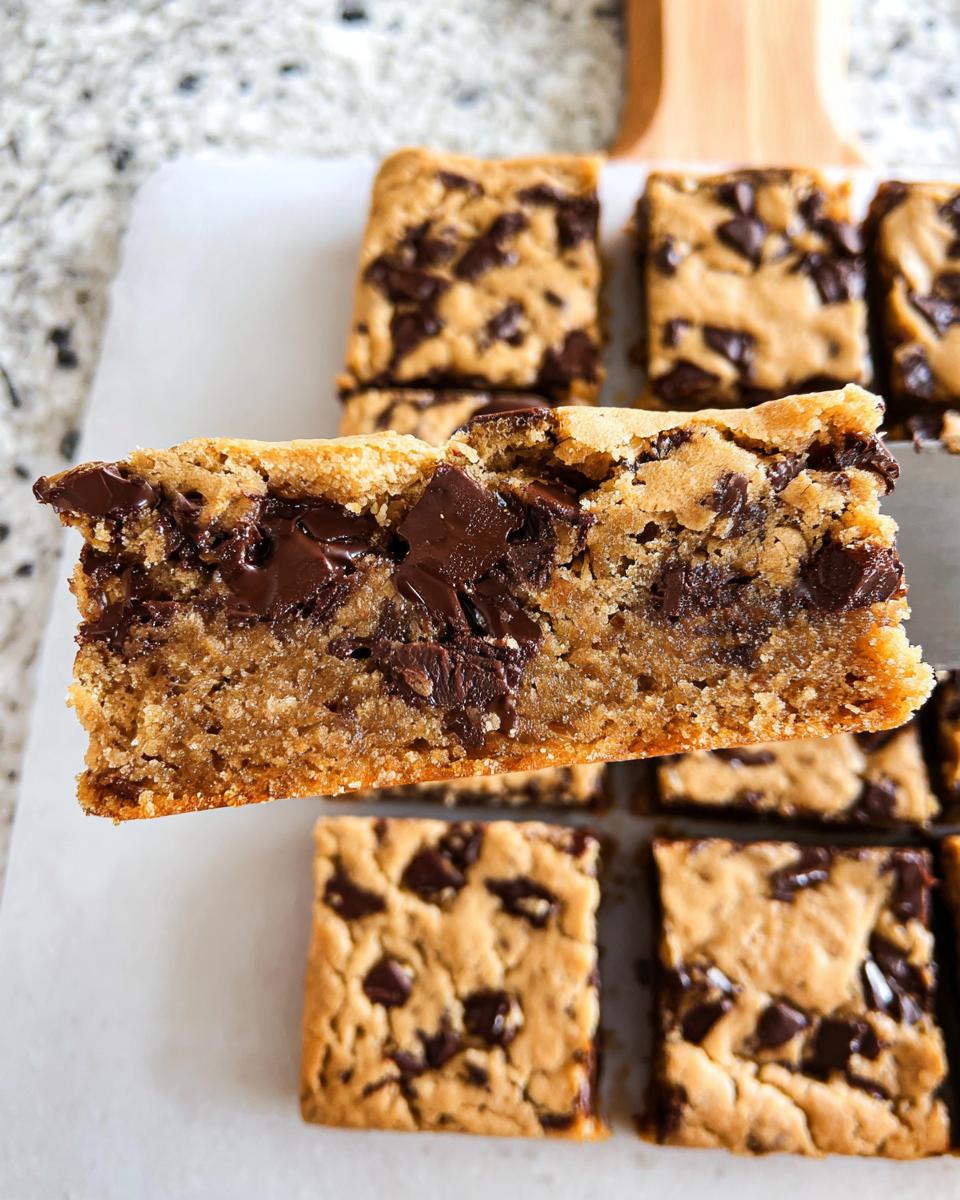 Close-up of a thick, gooey chocolate chip bar cookie being lifted, revealing melted chocolate chunks. Perfect for Bar Cookies for a Crowd.