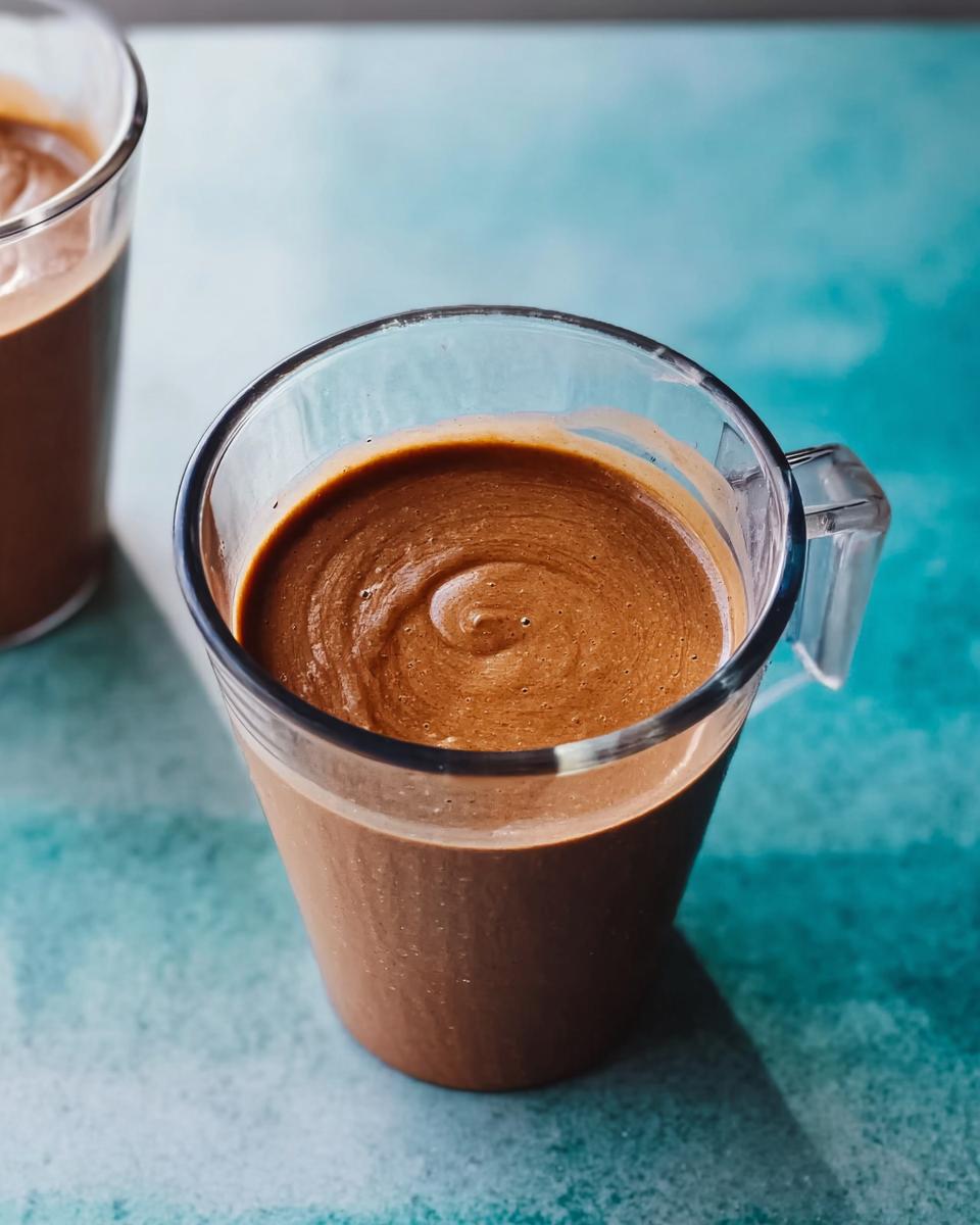 Close-up of a thick, rich brown Peanut Butter Protein Smoothie in a clear glass mug against a teal background.