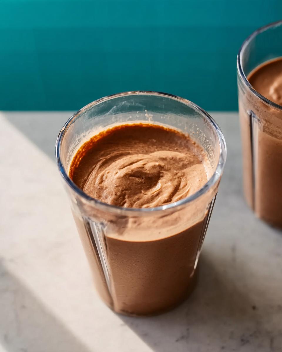 Close-up of a thick, creamy chocolate Peanut Butter Protein Smoothie in a glass.