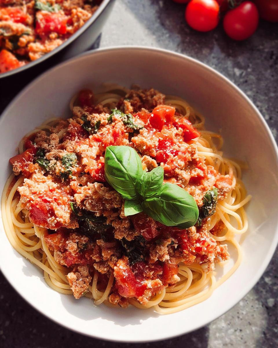 A bowl of spaghetti topped with hearty Turkey Bolognese sauce and garnished with fresh basil.