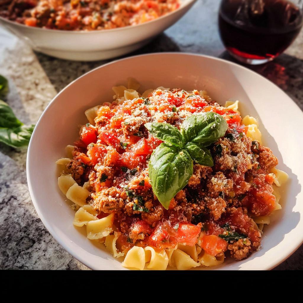 A close-up of a bowl of Turkey Bolognese (Weeknight) pasta, topped with fresh basil and parmesan cheese.