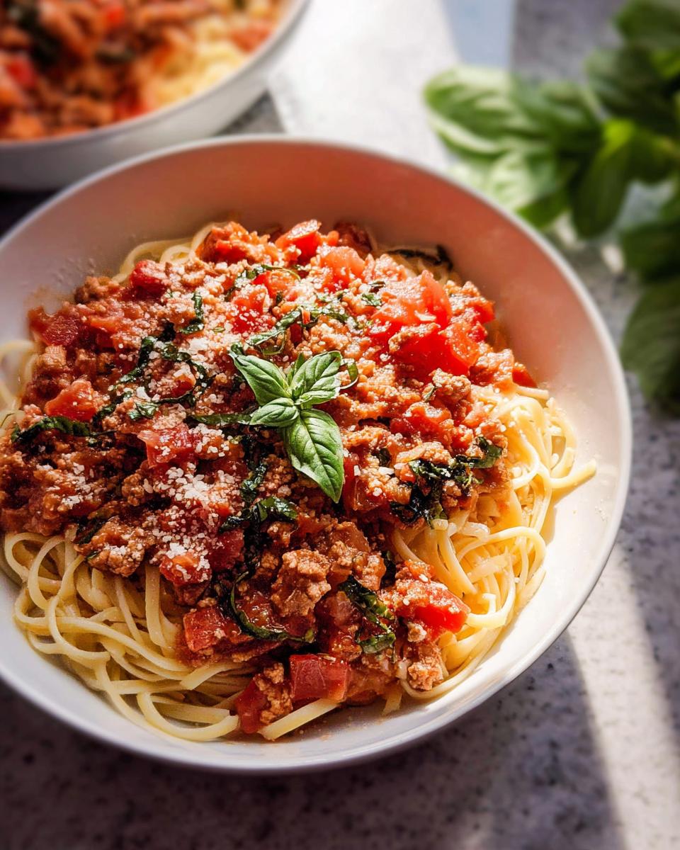 A close-up of a bowl of spaghetti topped with hearty Turkey Bolognese sauce, garnished with basil and Parmesan cheese.