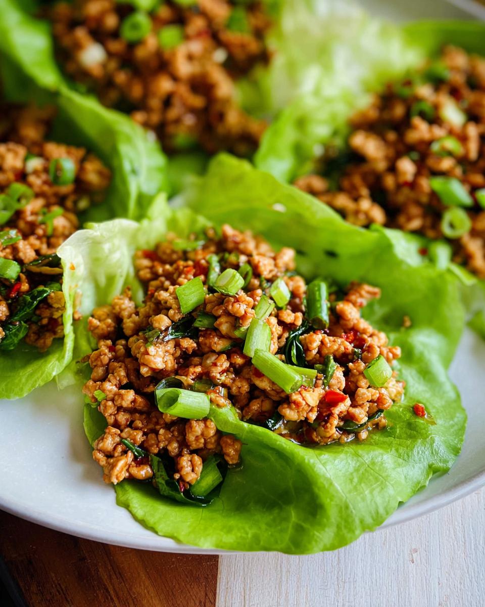 A close-up of delicious Turkey Lettuce Wraps (PF-Style) filled with seasoned ground turkey and topped with green onions.