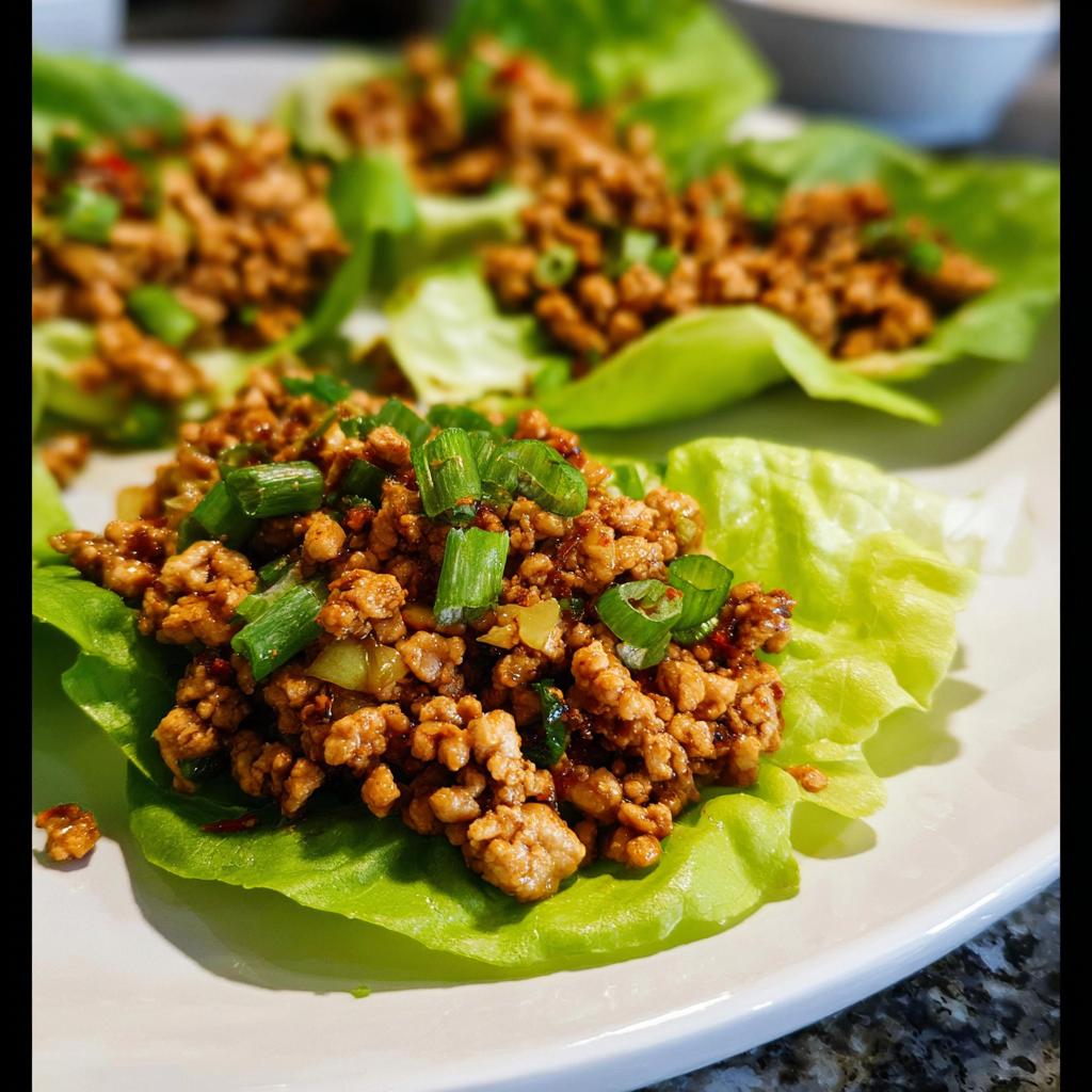 Close-up of delicious Turkey Lettuce Wraps (PF-Style) topped with chopped green onions on a white plate.