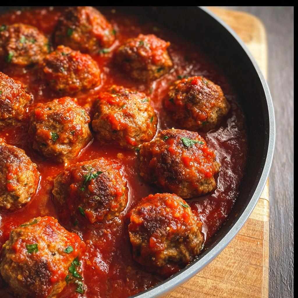 A close-up shot of juicy turkey meatballs simmering in a rich marinara sauce, garnished with parsley.