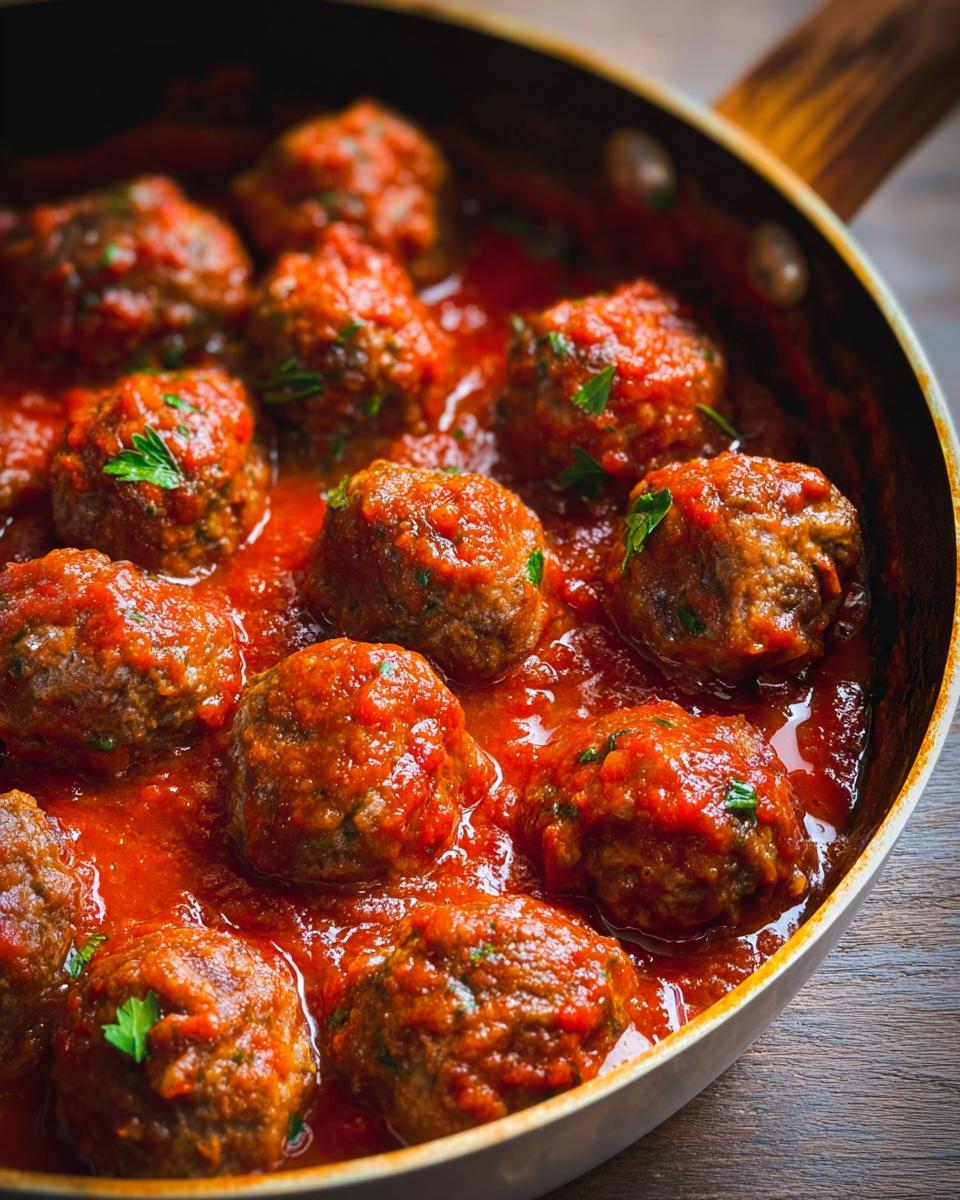 Close-up of juicy turkey meatballs simmering in a rich marinara sauce, garnished with parsley.