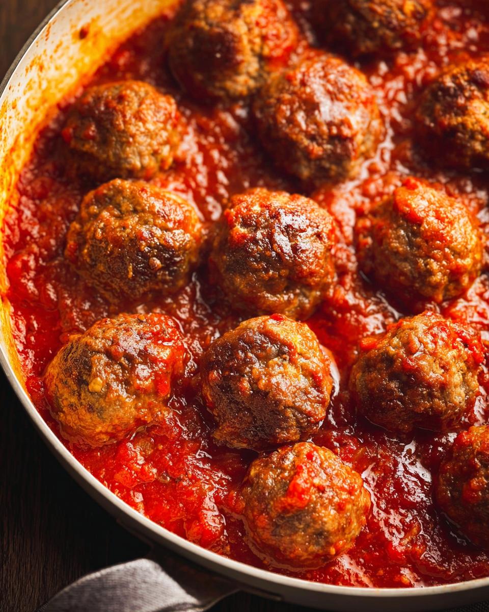 Close-up of juicy Turkey Meatballs In Marinara sauce simmering in a pan.
