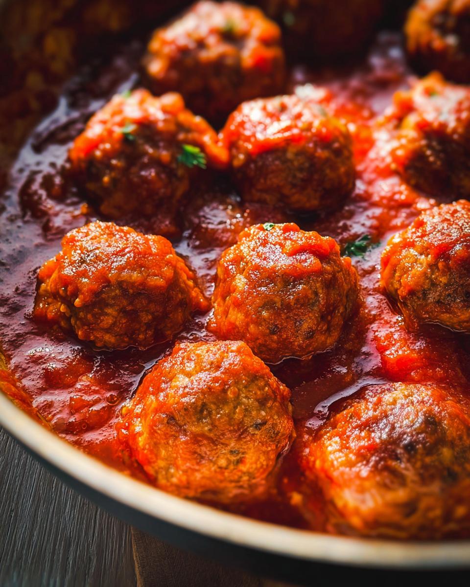 Close-up of juicy turkey meatballs simmering in a rich marinara sauce, garnished with herbs.