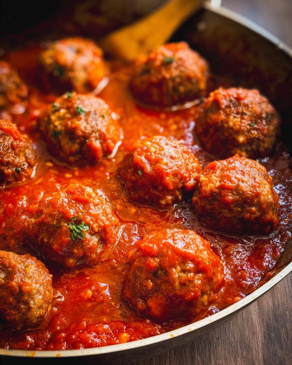 Close-up of delicious turkey meatballs simmering in a rich marinara sauce, garnished with herbs.