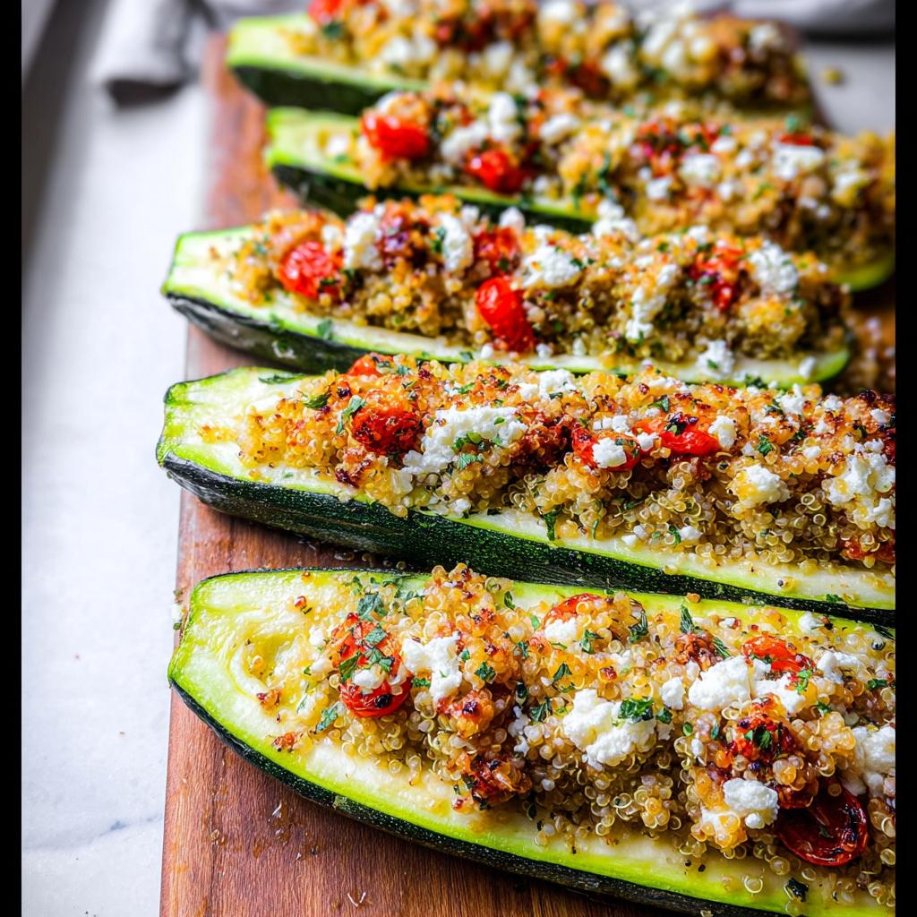 Close-up of Turkey & Quinoa Stuffed Zucchini Boats topped with feta and tomatoes on a wooden board.