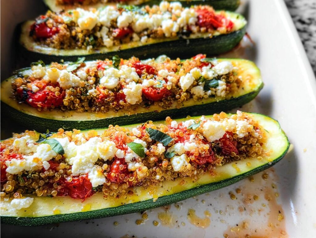 Close-up of Turkey & Quinoa Stuffed Zucchini Boats filled with quinoa, tomatoes, and feta cheese, ready for baking.