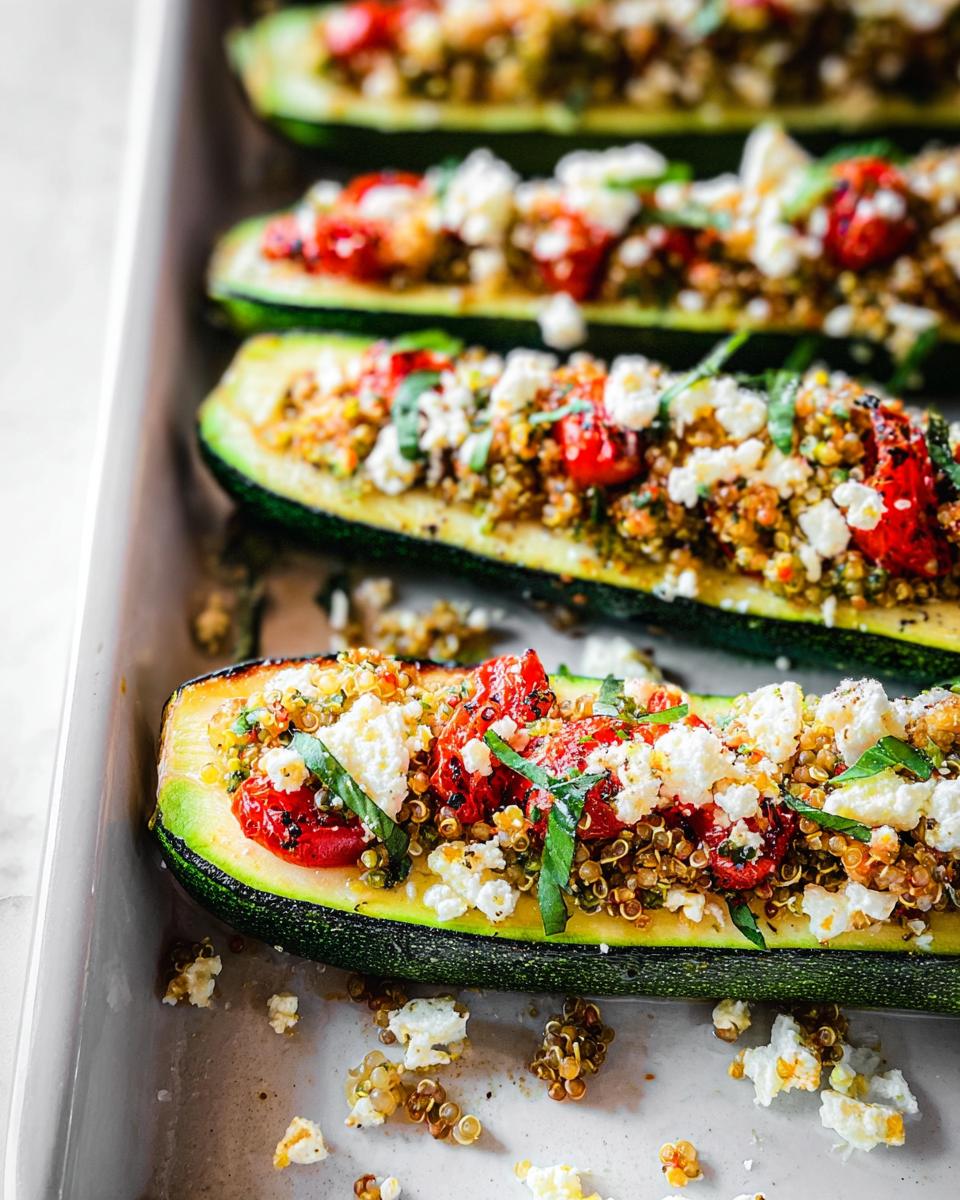 Close-up of Turkey & Quinoa Stuffed Zucchini Boats topped with feta cheese and tomatoes in a white baking dish.