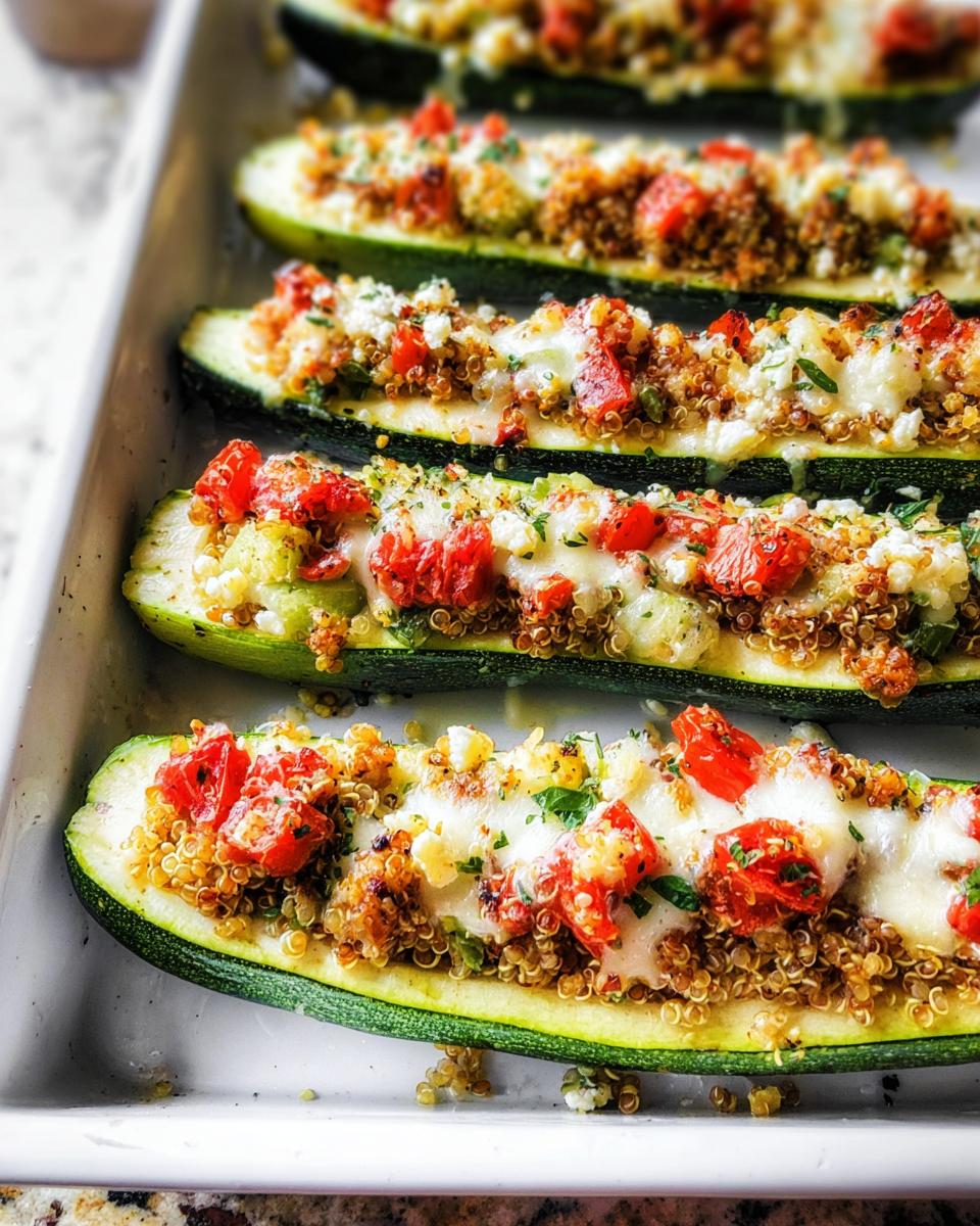 Close-up of Turkey & Quinoa Stuffed Zucchini Boats baked in a white dish, topped with melted cheese and tomatoes.