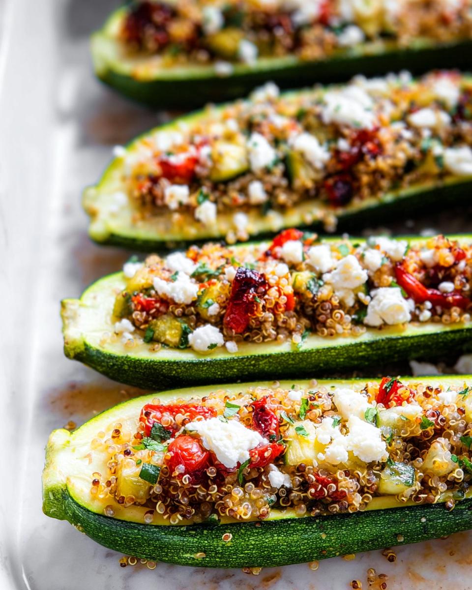 Close-up of Turkey & Quinoa Stuffed Zucchini Boats topped with feta cheese and herbs.