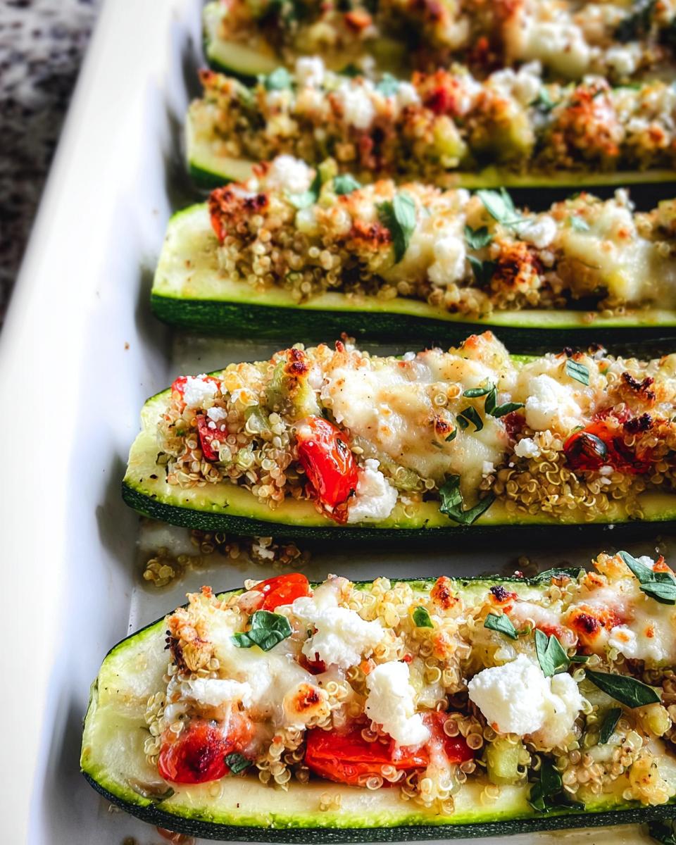 Close-up of baked Turkey & Quinoa Stuffed Zucchini Boats in a white baking dish, topped with cheese and herbs.