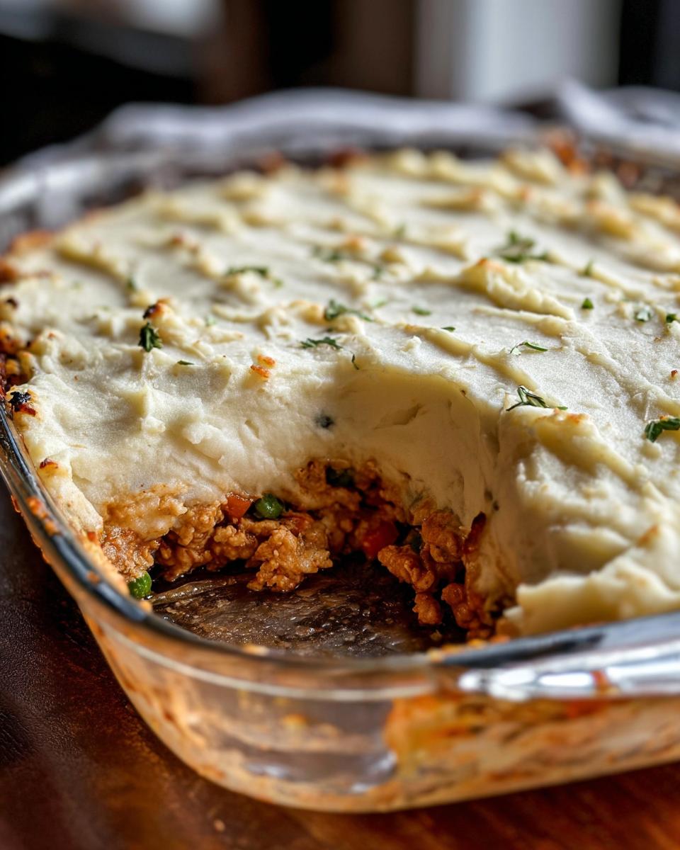 A close-up of a Turkey Shepherd’s Pie with a light mash topping, showing the savory filling with peas and carrots.