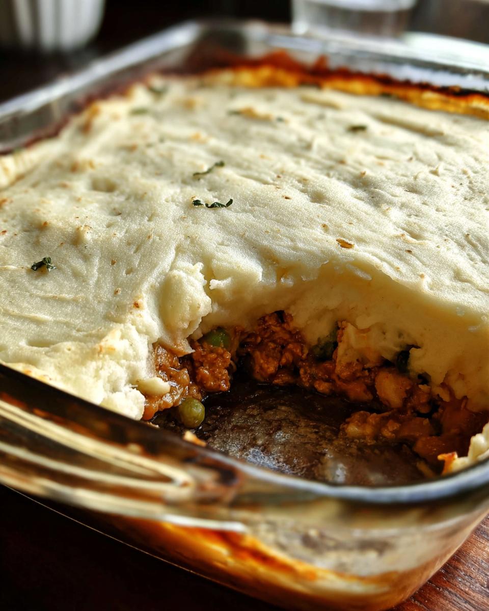 A close-up of Turkey Shepherd’s Pie with a light mashed potato topping and a portion removed to show the filling.