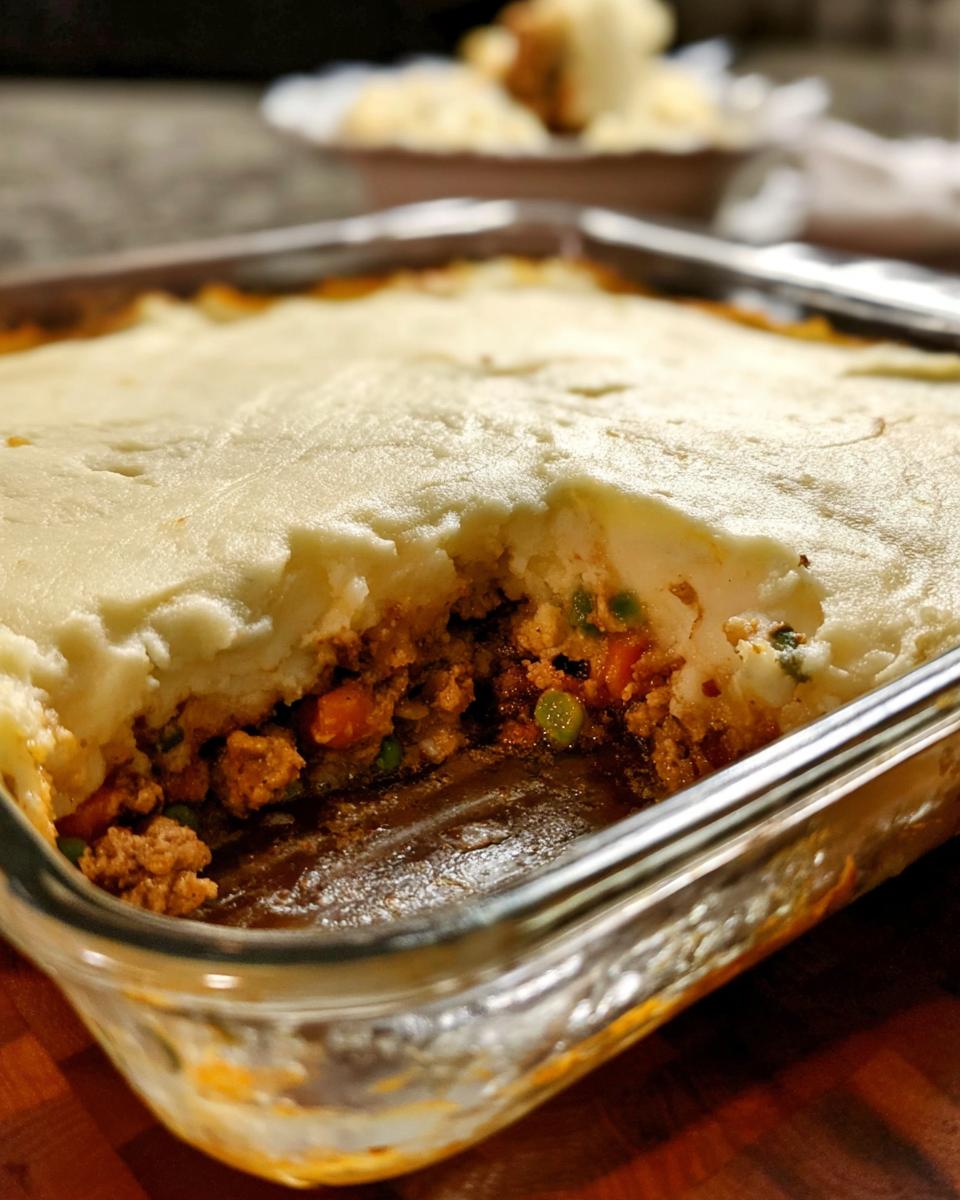 A comforting slice of Turkey Shepherd’s Pie with a light mashed potato topping and a savory ground turkey and vegetable filling.