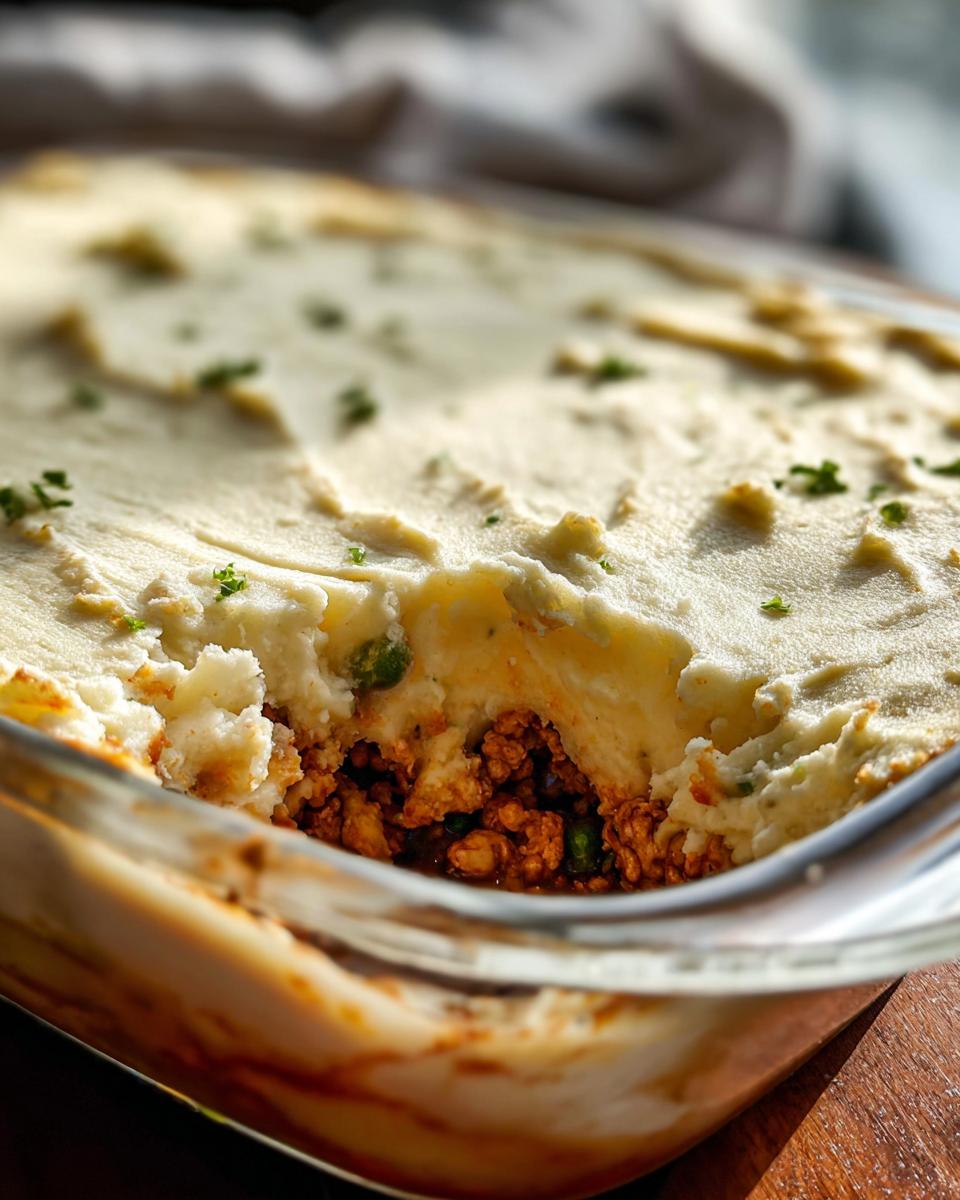 A close-up view of a freshly baked Turkey Shepherd's Pie with a light mash topping, showing the savory turkey and pea filling.