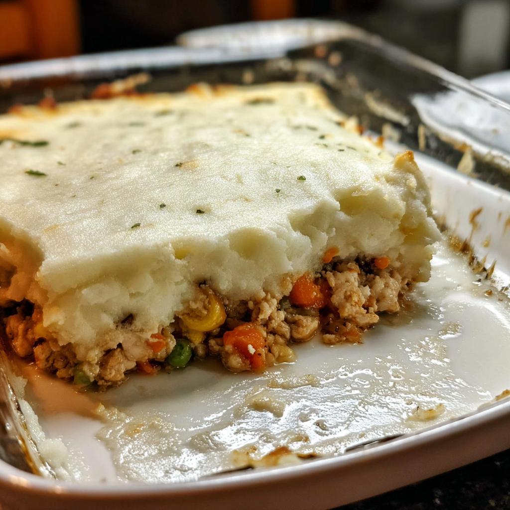 A close-up of a slice of Turkey Shepherd’s Pie (Light Mash) in a baking dish, showing the layers of ground turkey and vegetables topped with mashed potatoes.