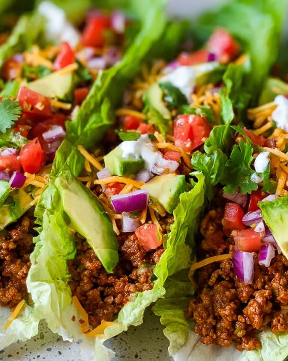 Close-up of several Turkey Taco Lettuce Wraps filled with seasoned ground turkey, topped with avocado, tomato, onion, and sour cream.