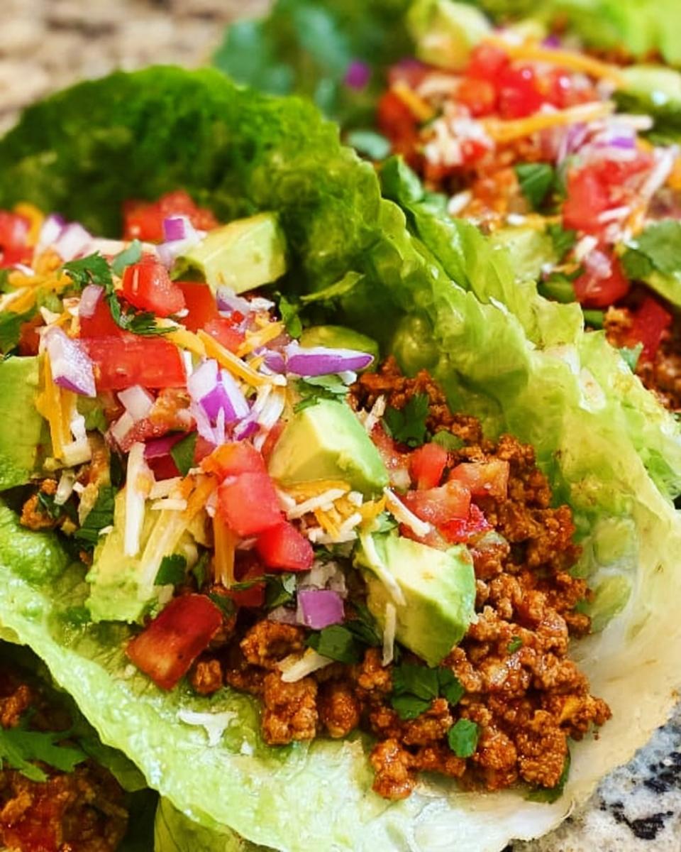 Close-up of Turkey Taco Lettuce Wraps filled with seasoned ground turkey, avocado, tomato, and cheese.