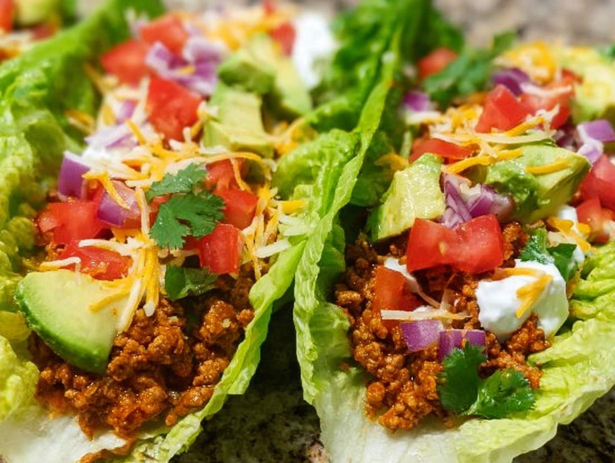 Close-up of two fresh Turkey Taco Lettuce Wraps filled with seasoned ground turkey and topped with avocado, tomato, onion, and cheese.