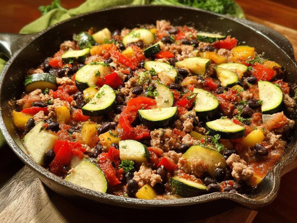 A close-up view of a cast-iron skillet filled with a colorful Turkey & Veggie Zucchini Skillet, featuring ground turkey, zucchini slices, black beans, and diced peppers.