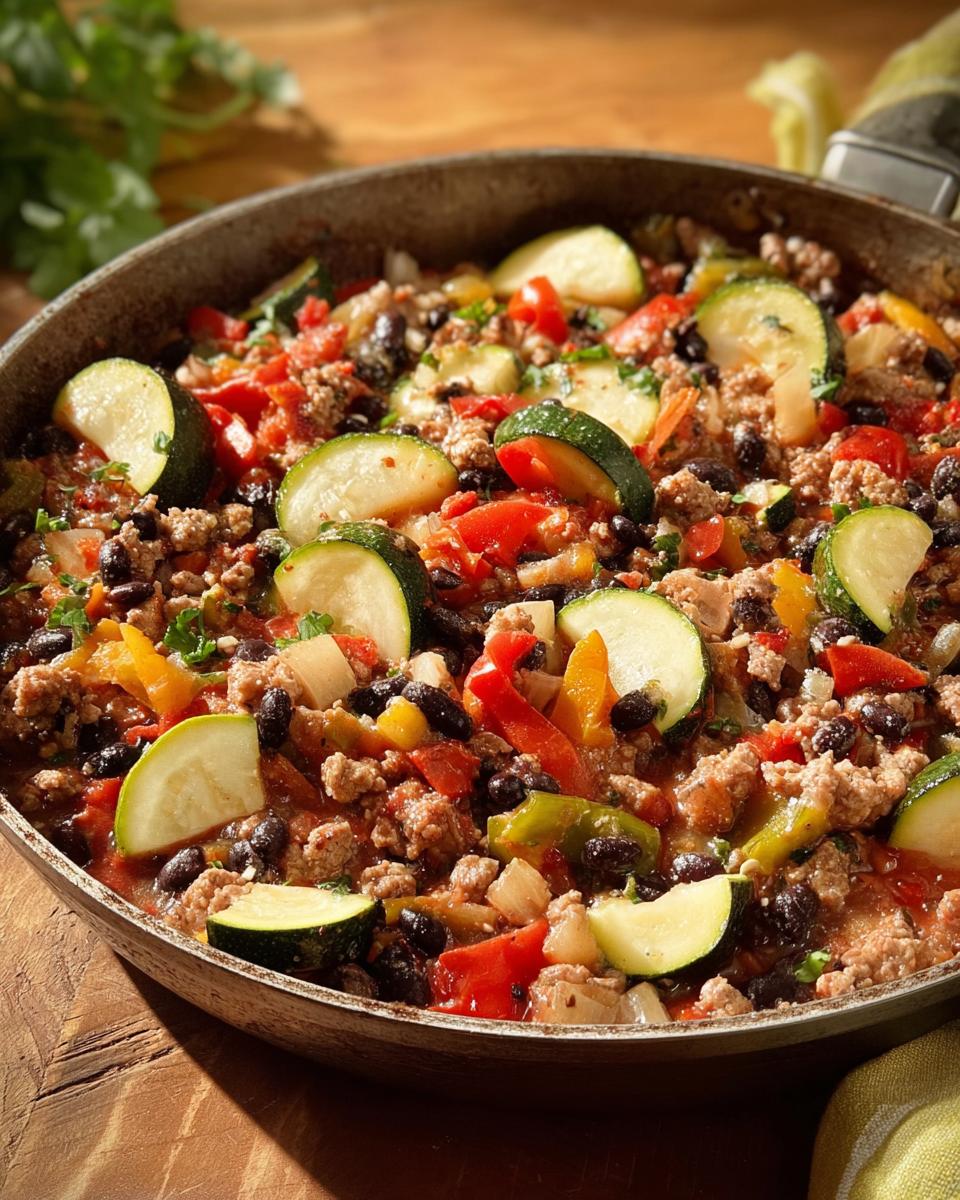 Close-up of Turkey & Veggie Zucchini Skillet in a pan, featuring ground turkey, black beans, zucchini, and bell peppers.