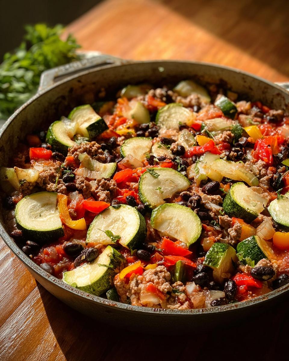 A close-up view of a Turkey & Veggie Zucchini Skillet in a cast iron pan, showcasing zucchini slices, ground turkey, black beans, and bell peppers.