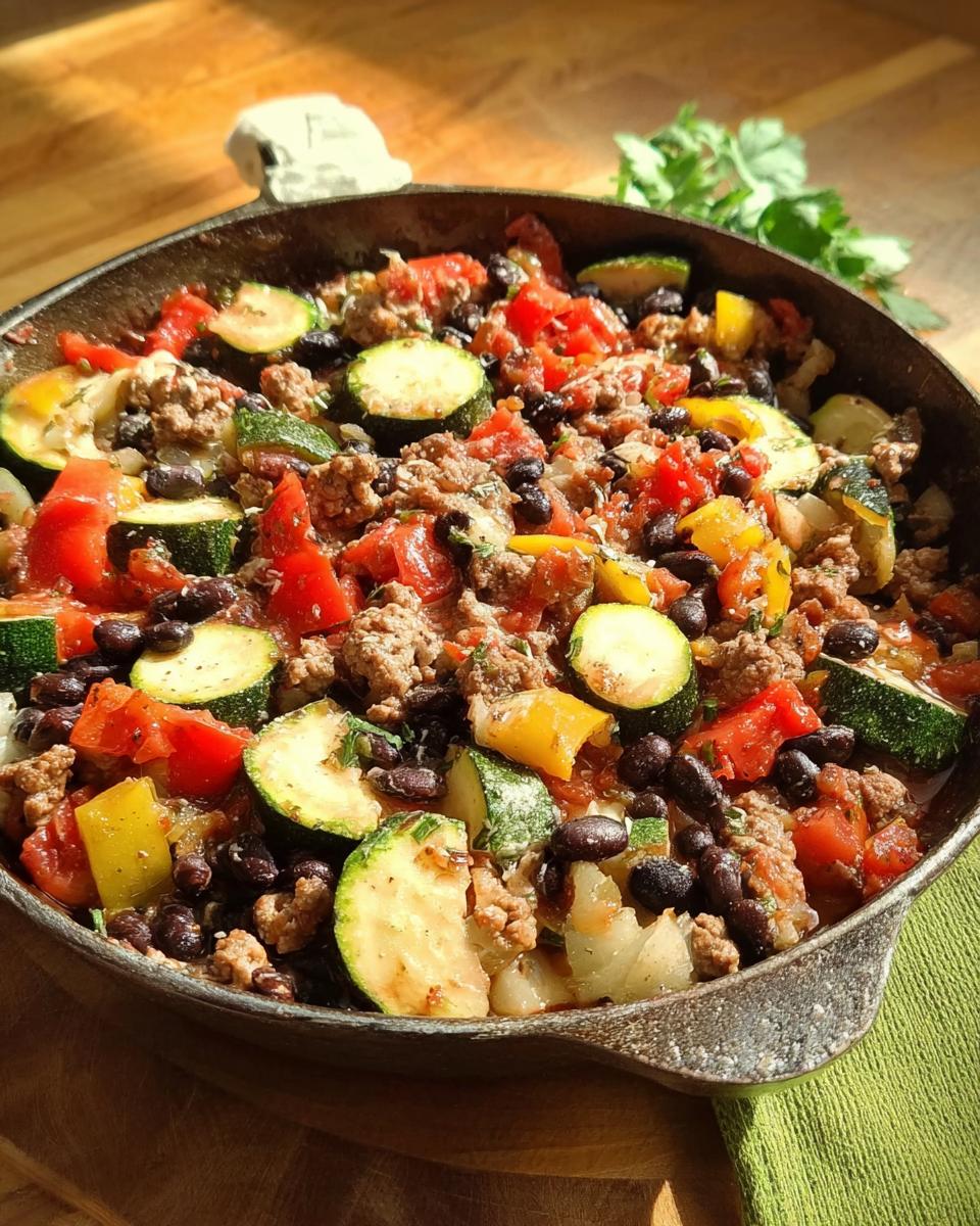 A close-up overhead view of a Turkey & Veggie Zucchini Skillet in a cast iron pan, featuring ground turkey, zucchini slices, black beans, and tomatoes.
